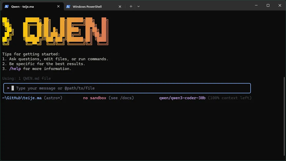 Screenshot of console after running qwen